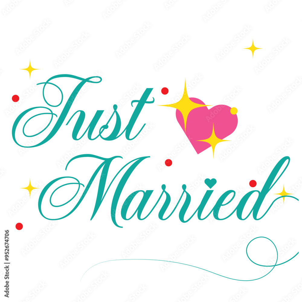 Obraz premium JUST MARRIED hand lettering, vector illustration. Hand drawn lettering card background. Modern handmade calligraphy. Hand drawn lettering element for your design.