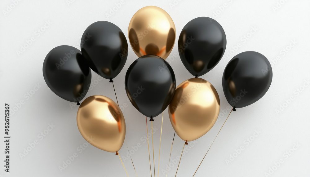 Bunch of black and gold balloons floating on white background Bunch of black and gold balloons floating on white background