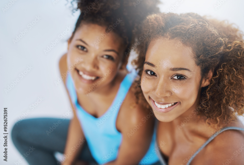 Portrait, relax and girls on yoga class break for support, wellness or rest for health together. Above of face, proud women or happy people with fun, teamwork or smile in pilates studio for progress