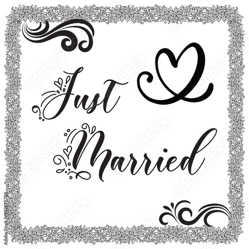 Hand drawn Just married lettering text with hearts on white background with turquoise stains, vector illustration. Just married for invitation and postcards. Wedding phrase. Just married calligraphy.