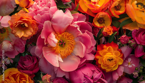 Close-up of blooming flowers, kaleidoscope of colors and intricate petal details