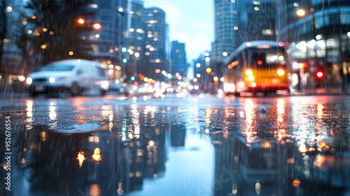 Light rain falling on a city street at night wet weather