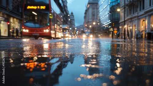 Light rain falling on a city street at night wet weather photo