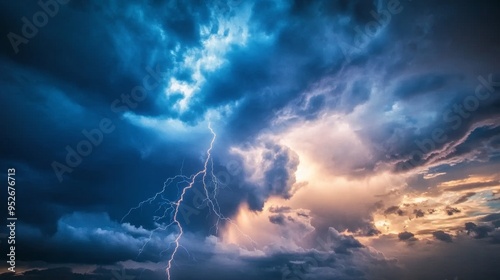 Lightning bolts illuminating a dark sky during a heavy storm extreme weather