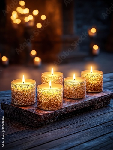 Warm, glowing candles on a rustic wooden surface create a cozy ambiance perfect for relaxation and celebration.