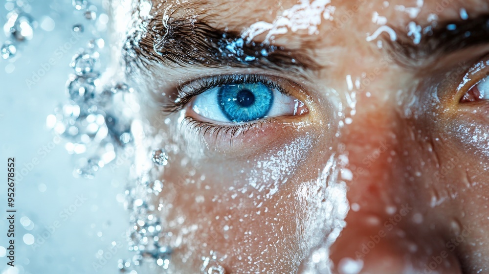 Piercing Gaze Through Water: A man with striking blue eyes braves a cascade of refreshing water, his intense gaze captivating the viewer. Piercing Gaze Through Water: A man with striking blue eyes braves a cascade of refreshing water, his intense gaze captivating the viewer.