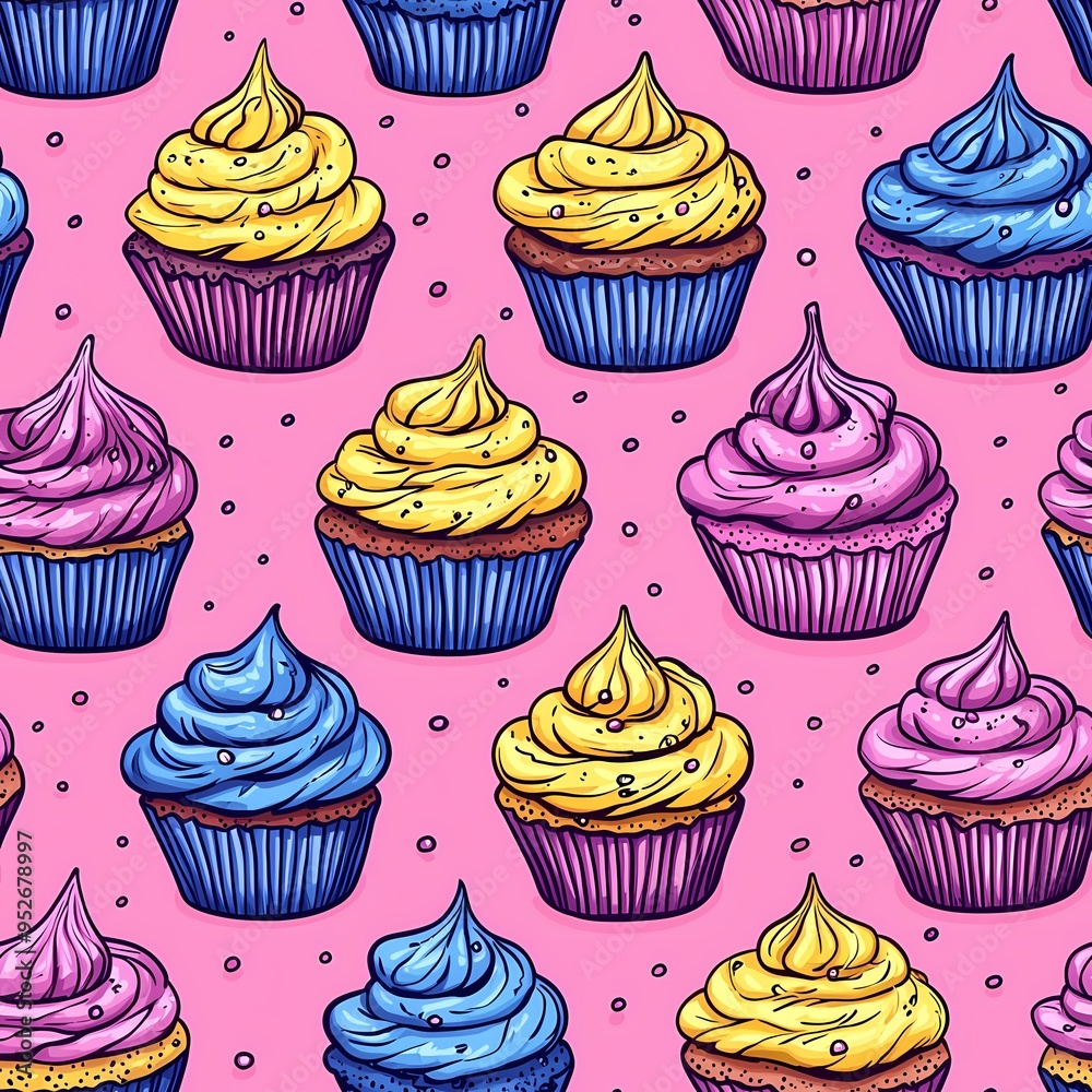 Colorful cupcakes in blue, yellow, and pink on a vibrant pink background. Colorful cupcakes in blue, yellow, and pink on a vibrant pink background.