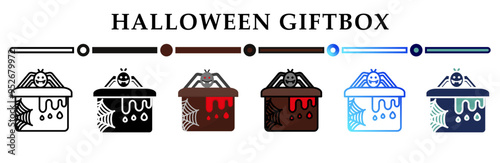 Collection of halloween giftbox icons in various styles. Blood and spider on box. Creepy giftbox on halloween time. Happy halloween. 