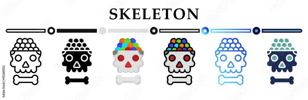 Collection of skeleton candies icons in a variety of styles and colors. Representing halloween festive or spooky themes. For use in digital projects, web design, posters, sign, symbol or elements. Collection of skeleton candies icons in a variety of styles and colors. Representing halloween festive or spooky themes. For use in digital projects, web design, posters, sign, symbol or elements.