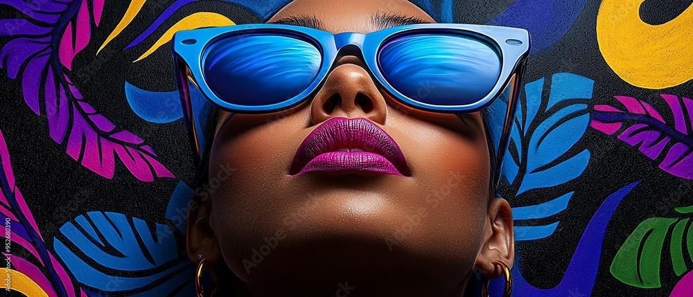 Vibrant portrait of a woman with stylish sunglasses and bold makeup against a colorful tropical backdrop, showcasing beauty and confidence. Vibrant portrait of a woman with stylish sunglasses and bold makeup against a colorful tropical backdrop, showcasing beauty and confidence.
