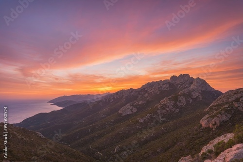 Mountain range bathed in golden sunset hues