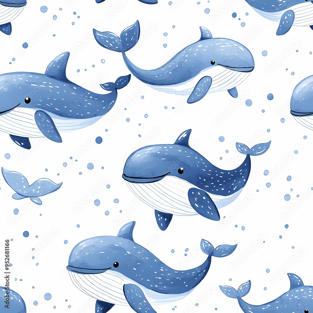 Cute blue whales swimming in a playful pattern on a white background. Cute blue whales swimming in a playful pattern on a white background.