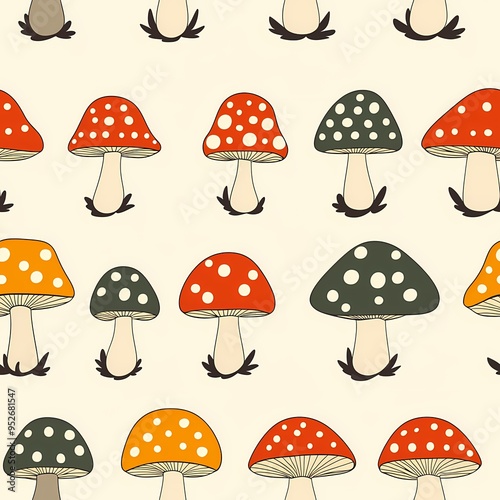 Colorful whimsical mushrooms pattern on a light background.