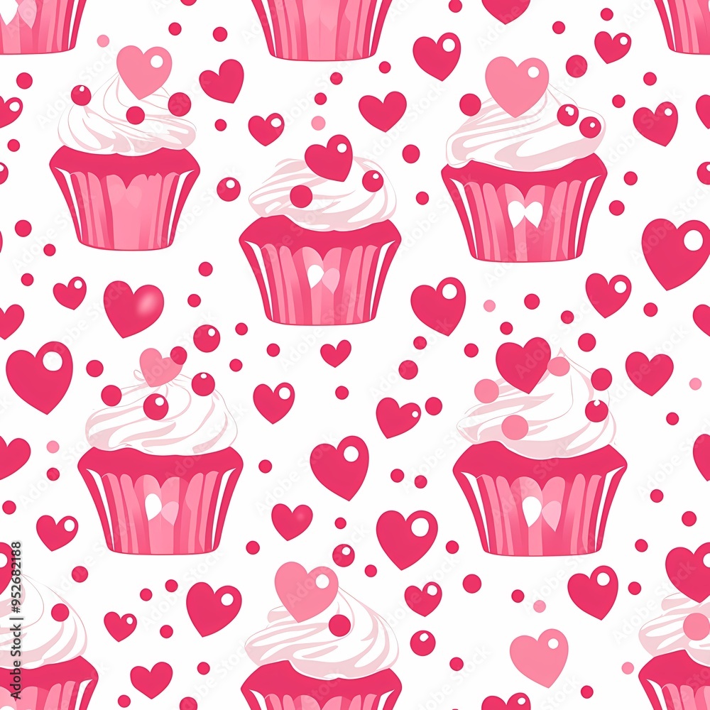 A playful pattern featuring pink cupcakes and hearts on a white background. A playful pattern featuring pink cupcakes and hearts on a white background.