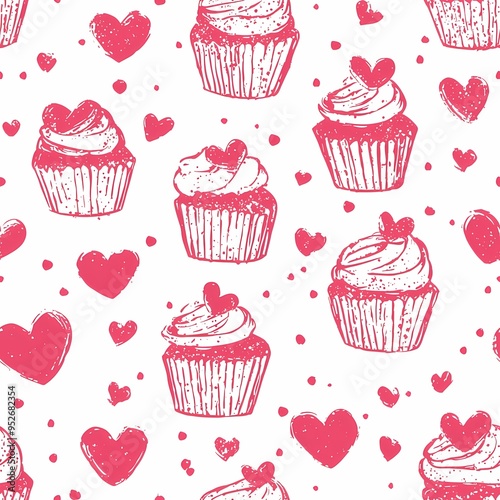 Festive pink cupcake pattern with hearts on a white background.