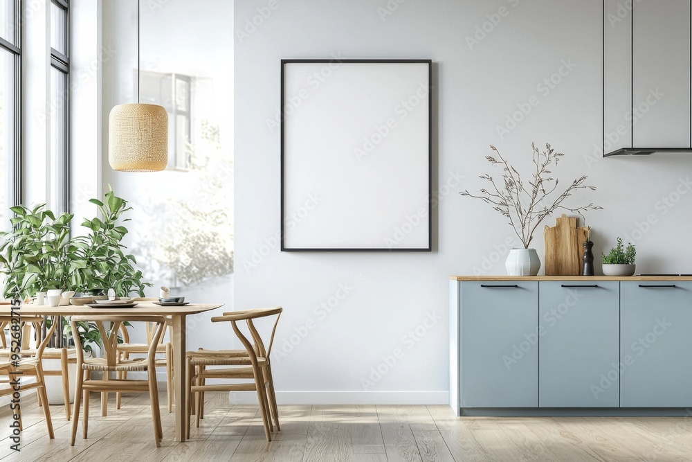 Poster Mockup in Kitchen Interior with White Wall created with Generative AI Poster Mockup in Kitchen Interior with White Wall created with Generative AI