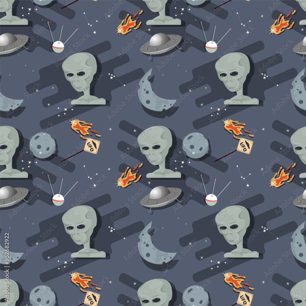 Seamless pattern alien head in outer space among planets flat childrens doodles Seamless pattern alien head in outer space among planets flat childrens doodles