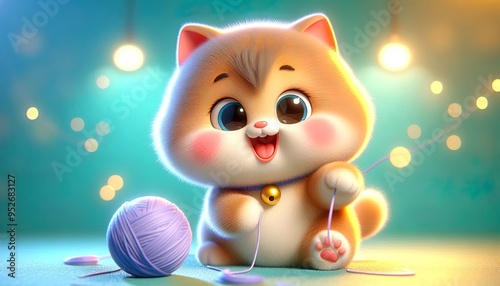 A cute cartoon cat with big eyes and a happy expression plays with a ball of yarn on a blue background.