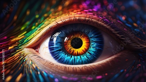 Animation concept of the human colorful iris of the eye. Following a flash, rainbow lines spread out from a brilliant binary circle, resembling the iris and pupil of a human eye. background of a 3D re