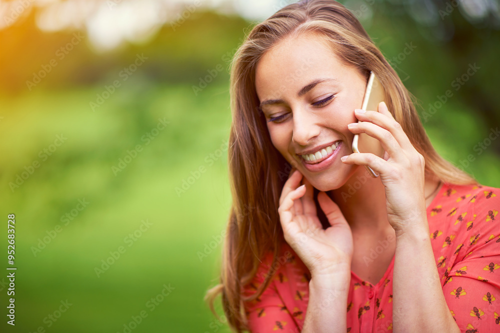 Woman, phone call and talking with smile in nature, communication and speaking with virtual contact in park. Mockup space, happiness and online conversation or outside, connection and discussion Woman, phone call and talking with smile in nature, communication and speaking with virtual contact in park. Mockup space, happiness and online conversation or outside, connection and discussion