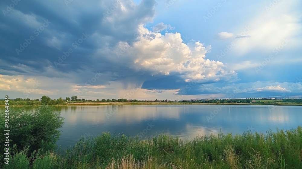 Fototapeta premium Storm clouds moving in over a calm lake approaching weather