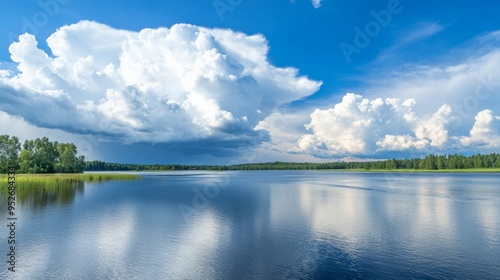 Storm clouds moving in over a calm lake approaching weather