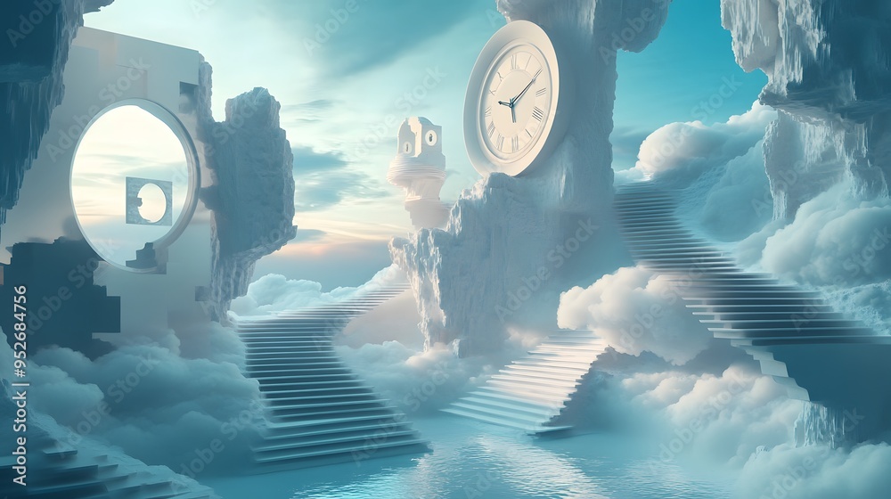 Floating staircases and surreal architecture with melting clocks in a ...