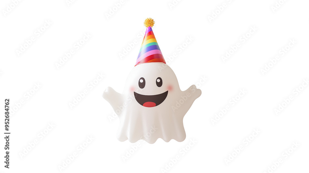 Happy Ghost in Party Mode with Confetti Celebrating on White Background Happy Ghost in Party Mode with Confetti Celebrating on White Background