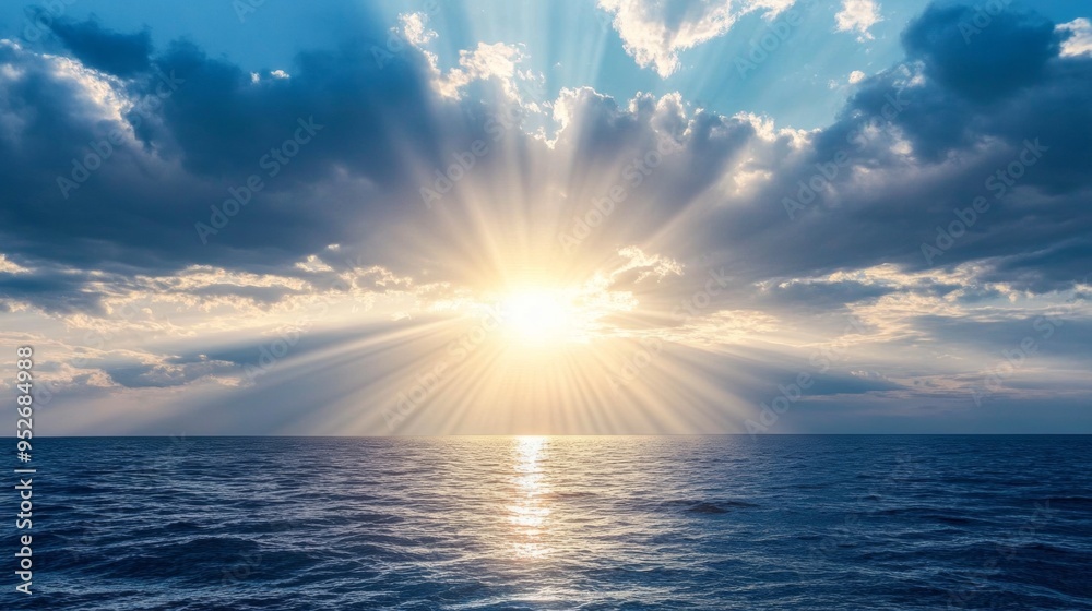 Sun rays breaking through dark storm clouds over the ocean dramatic weather Sun rays breaking through dark storm clouds over the ocean dramatic weather