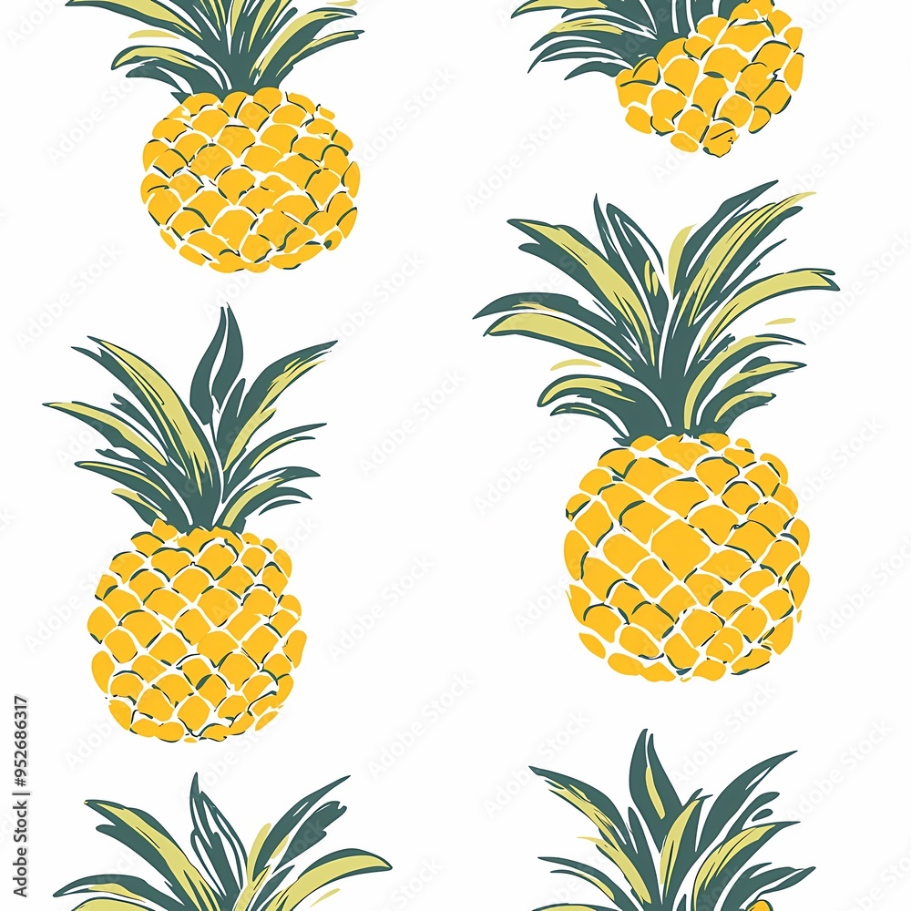 Bright yellow pineapples on a white background evoke summer vibes. Bright yellow pineapples on a white background evoke summer vibes.