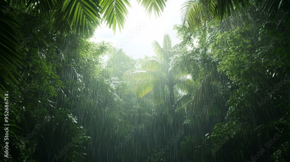 Fototapeta premium Tropical rain shower over a dense jungle wet weather