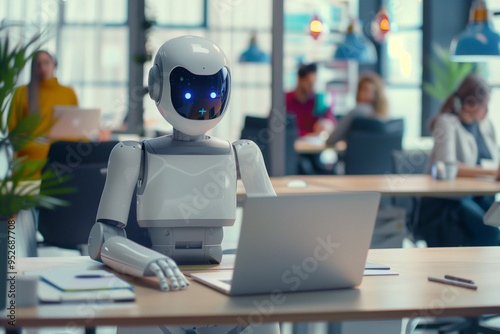 Humanoid robot working on a laptop in a modern office environment, surrounded by professionals, integration of ai and robotics in the workplace