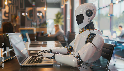 Humanoid robot working on a laptop in a modern office environment, surrounded by professionals, integration of ai and robotics in the workplace