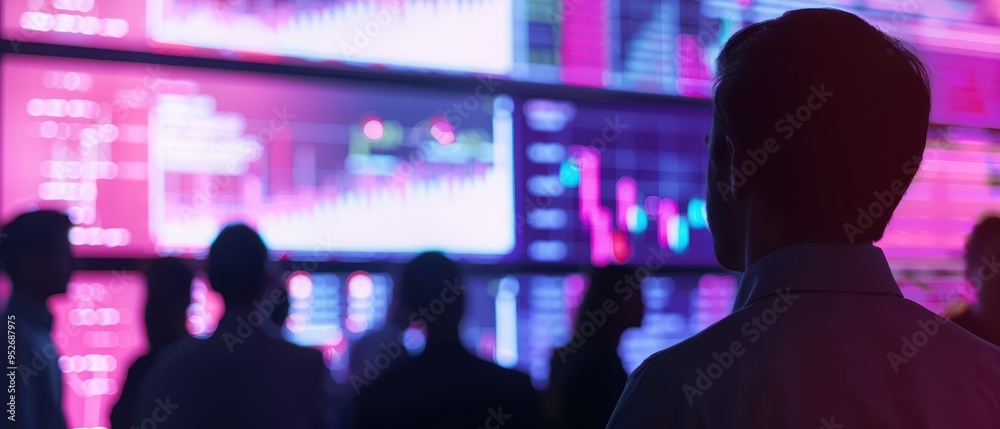 A focused professional observing digital market analytics on large screens in a modern trading environment. A focused professional observing digital market analytics on large screens in a modern trading environment.