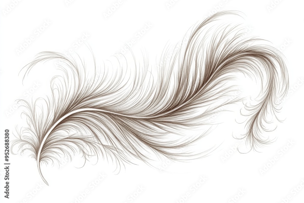 A single, delicate brown feather isolated on a white background.