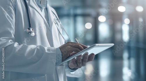 A healthcare professional using a tablet in a modern medical environment, showcasing technology in patient care.