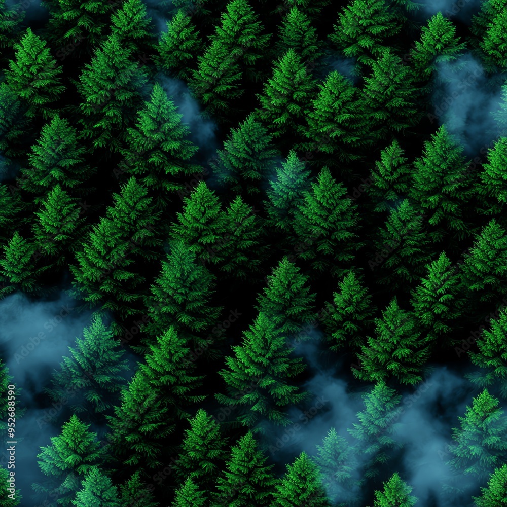 Fototapeta premium Aerial view of lush green coniferous trees with mist, creating a serene and tranquil forest atmosphere.