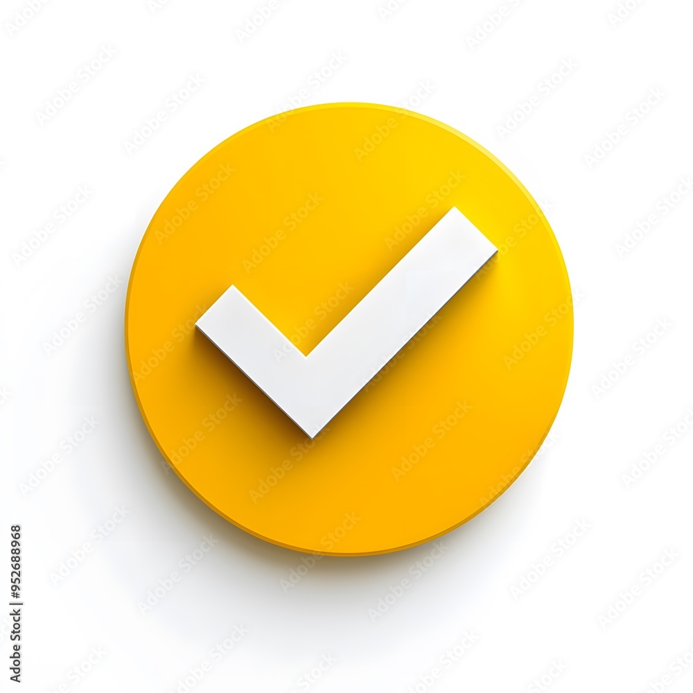 3d check icon, checklist tick, done mark. Vector realistic plastic style checkmark, symbol of selection, confirmation or approval. yellow circle with a white, white background 3d check icon, checklist tick, done mark. Vector realistic plastic style checkmark, symbol of selection, confirmation or approval. yellow circle with a white, white background