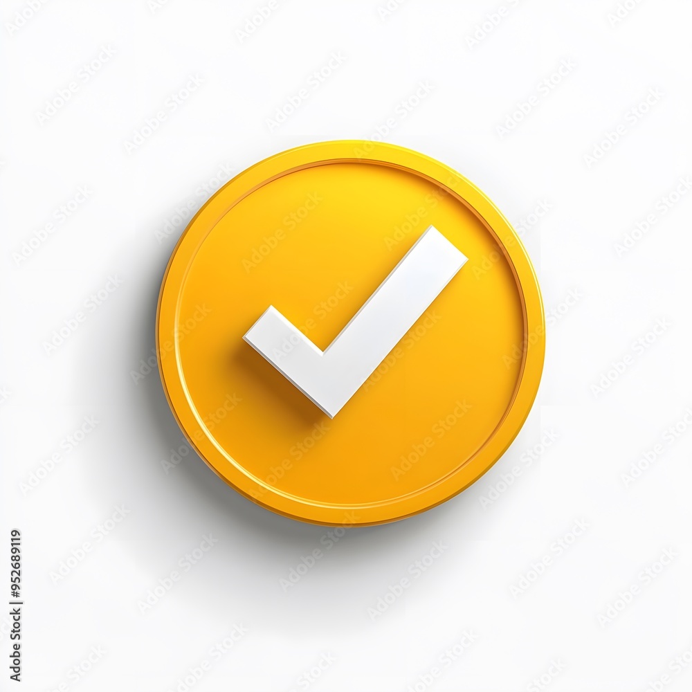 3d check icon, checklist tick, done mark. Vector realistic plastic style checkmark, symbol of selection, confirmation or approval. yellow circle with a white, white background 3d check icon, checklist tick, done mark. Vector realistic plastic style checkmark, symbol of selection, confirmation or approval. yellow circle with a white, white background