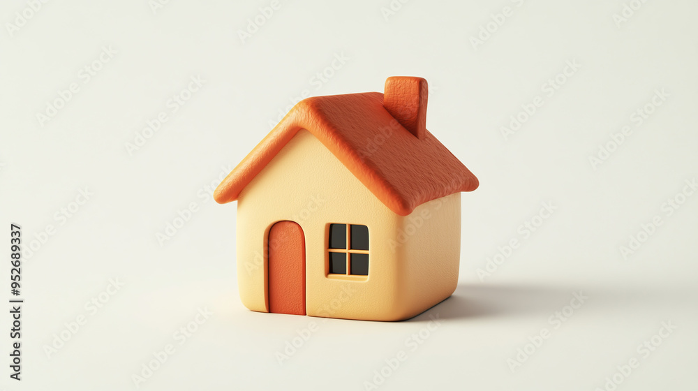 A 3D rendering of a small house with a red door, windows, and chimney, isolated on a white background. A 3D rendering of a small house with a red door, windows, and chimney, isolated on a white background.