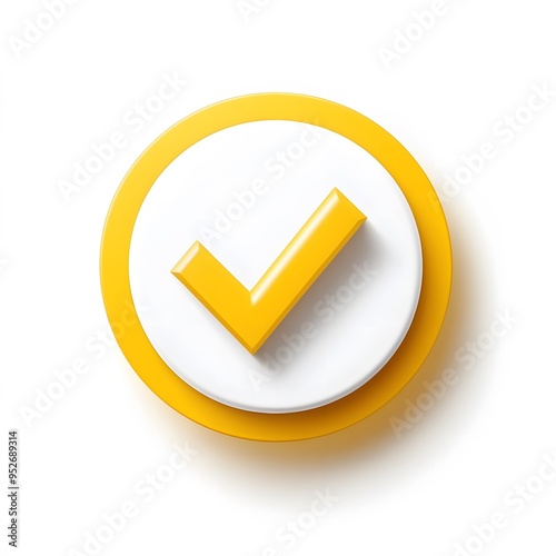 3d check icon, checklist tick, done mark. Vector realistic plastic style checkmark, symbol of selection, confirmation or approval. yellow circle with a white, white background