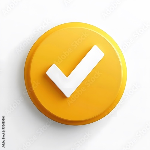 3d check icon, checklist tick, done mark. Vector realistic plastic style checkmark, symbol of selection, confirmation or approval. yellow circle with a white, white background