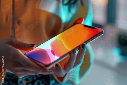 A person holds a sleek smartphone with a vibrant display, showcasing modern technology in a stylish setting.