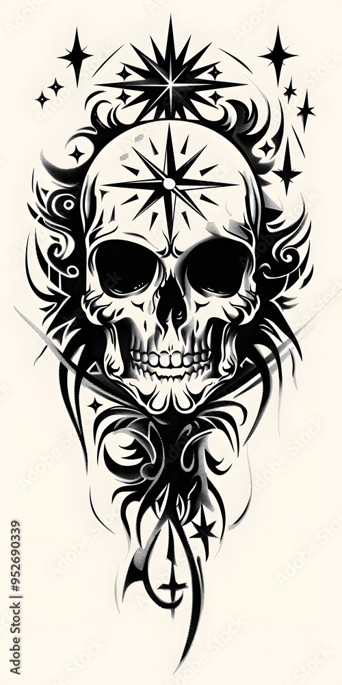 Fototapeta premium Tribal Skull and Stars Tattoo symmetry very simple traditional tattoo flash styles illustration