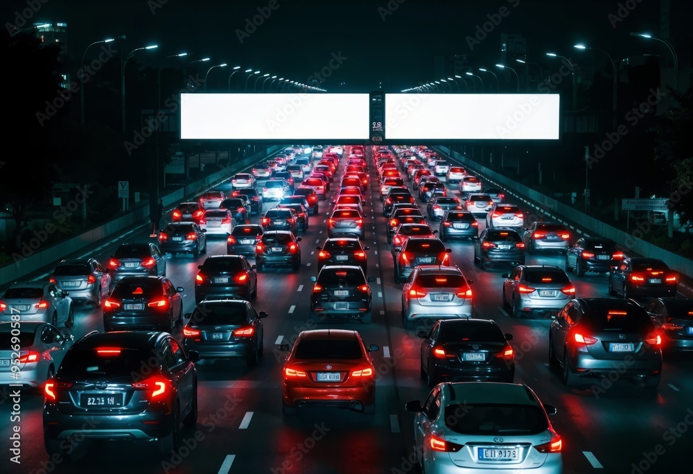 Obraz premium A crowded city street at night with heavy traffic, blank billboards for mock up