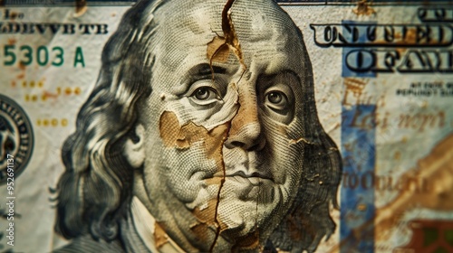 worn hundred-dollar bill with noticeable cracks and age marks. The intricate details of the bill's design are prominently visible, showcasing its wear