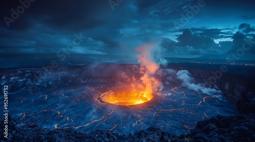 Active volcano erupting at night, with glowing lava and smoke plumes against a dark blue sky.