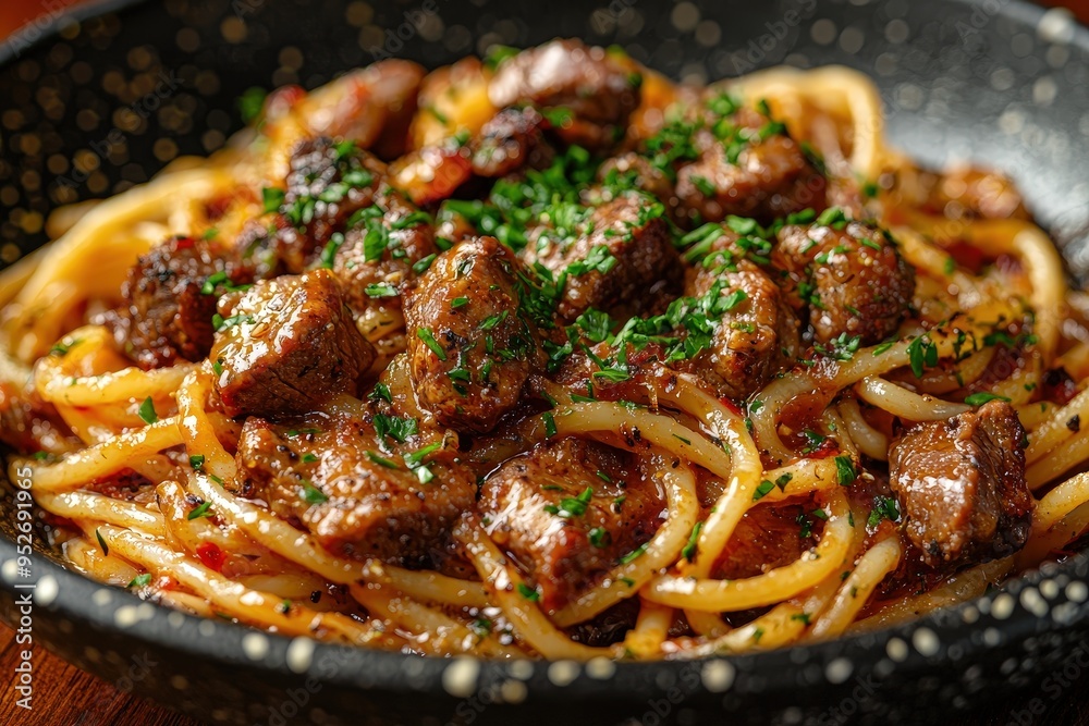 A hearty dish features perfectly cooked spaghetti intertwined with succulent beef chunks, topped with fresh herbs and a rich sauce, presented attractively
