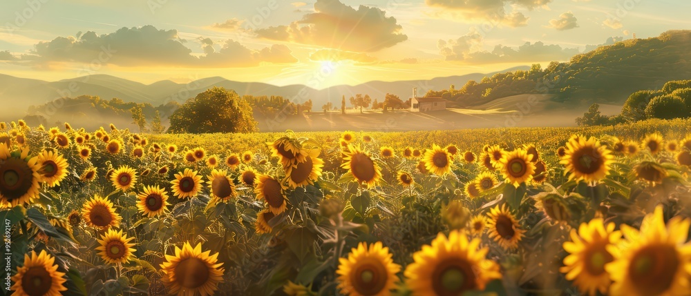 Fototapeta premium A serene sunflower field under a golden sunrise, showcasing vibrant blooms and a picturesque landscape.