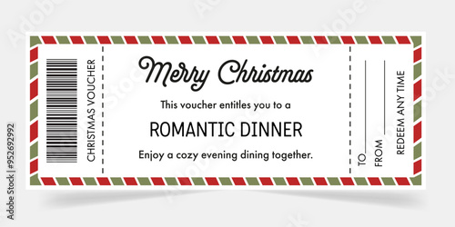 Christmas gift voucher template. Christmas voucher for Romantic dinner. Ideas of Christmas gift. Gift coupon, voucher for friends, family, love ones. For restaurants, cafes winter holiday promo.